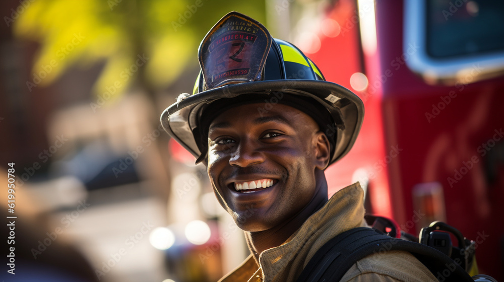 A firefighter smiling warmly, radiating a sense of pride and fulfillment Generative AI A firefighter smiling warmly, radiating a sense of pride and fulfillment Generative AI