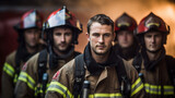 Firefighters standing in a row, their confident and stoic expressions showcasing their professionalism Generative AI
