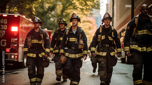 A group of firefighters walking together, their uniforms adorned with badges and symbols of honor Generative AI