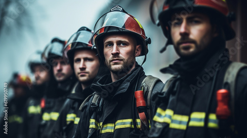 Firefighters standing in a row, their confident and stoic expressions showcasing their professionalism Generative AI