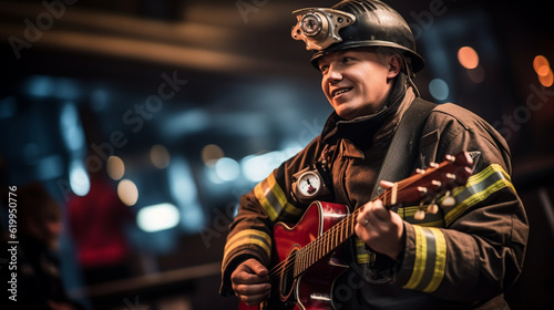 A firefighter playing a musical instrument, demonstrating their diverse talents and passions Generative AI