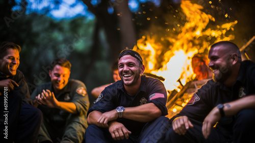 Firefighters gathered around a bonfire, unwinding and enjoying each other's company Generative AI