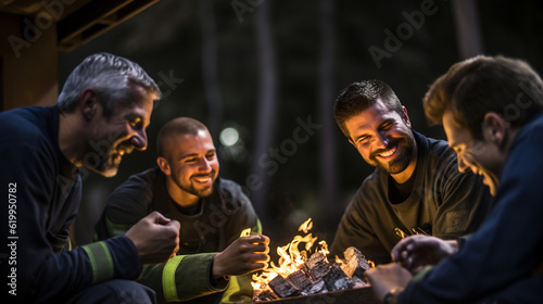 Firefighters gathered around a bonfire, unwinding and enjoying each other's company Generative AI