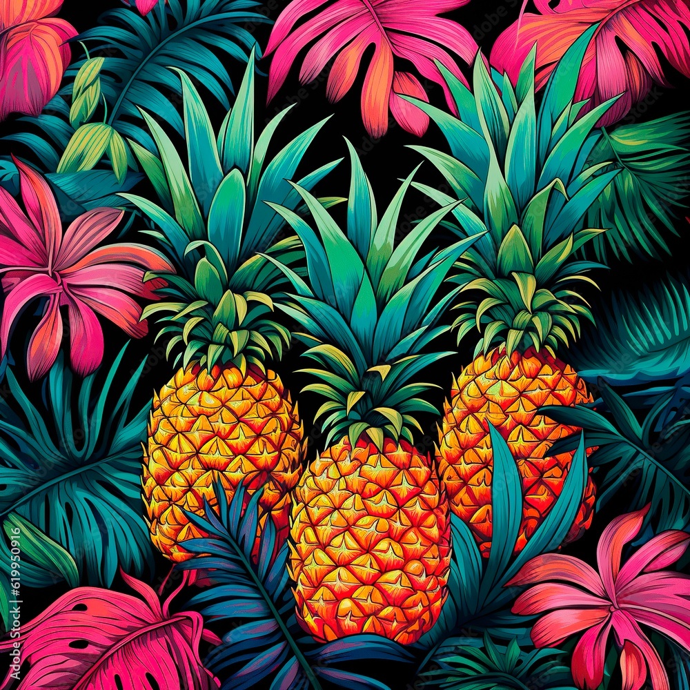 Obraz premium Tropical painted background in bright colors with pineapples. Stylized abstract picture in art style. AI generation