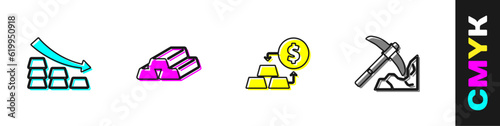 Set Falling arrow with gold bars, Gold, exchange money and mining icon. Vector