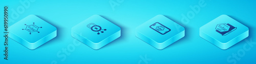 Set Isometric NFT blockchain technology, Cyber security, Laptop with art store app and Mobile icon. Vector