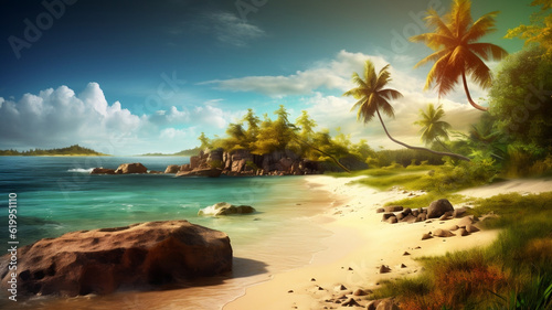 AI Generated collection of photorealistic,unsplash photos and oil painting illustration of magic colourful beautiful nature with magic colourful beautiful beach, photorealistic