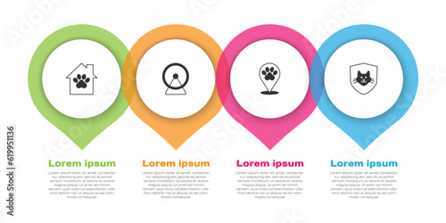 Set Pet house, Hamster wheel, Location veterinary hospital and Animal health insurance. Business infographic template. Vector