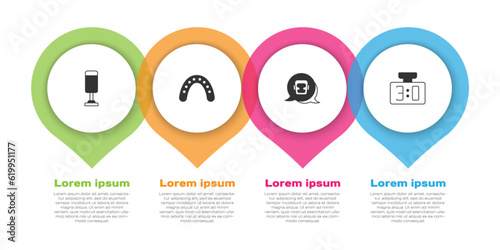 Set Punching bag, Mouth guard boxer, Boxing helmet and Sport mechanical scoreboard. Business infographic template. Vector