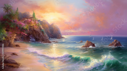 AI Generated collection of photorealistic,unsplash photos and oil painting illustration of  magic colourful beautiful nature with magic colourful beautiful beach, photorealistic
