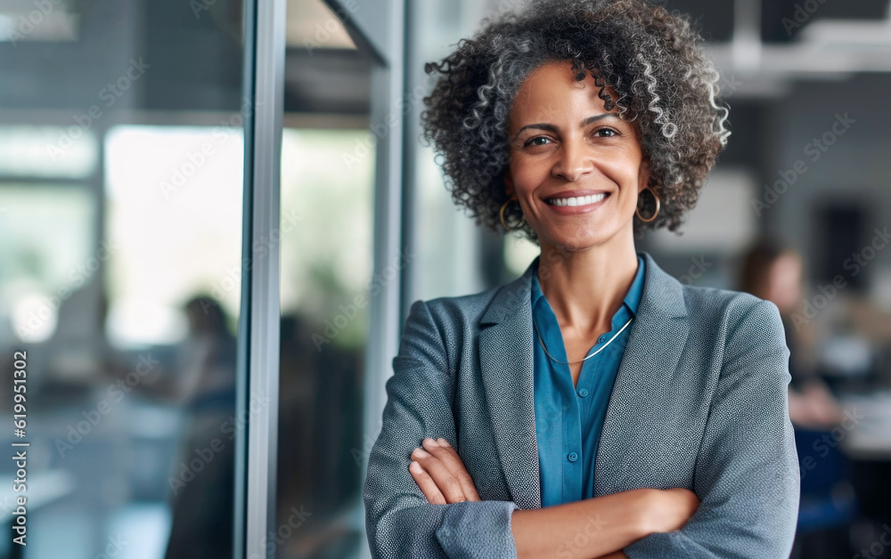 Smiling confident mature african american businesswoman leader looking at camera standing in office. Middle aged CEO portrait. AI Generative Smiling confident mature african american businesswoman leader looking at camera standing in office. Middle aged CEO portrait. AI Generative