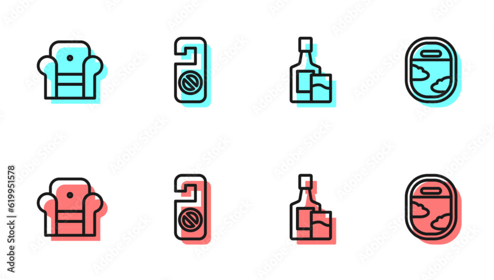 Set line Whiskey bottle and glass, Armchair, Please do not disturb and Airplane window icon. Vector Set line Whiskey bottle and glass, Armchair, Please do not disturb and Airplane window icon. Vector