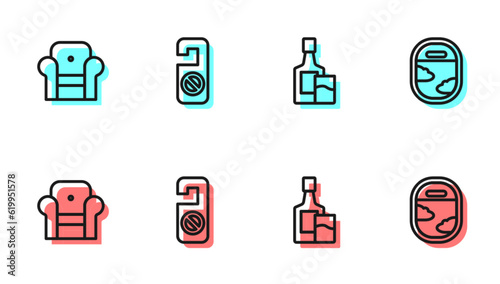 Set line Whiskey bottle and glass, Armchair, Please do not disturb and Airplane window icon. Vector
