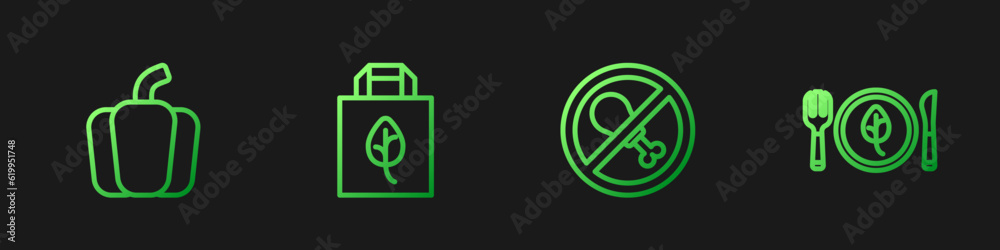 Set line No meat, Bell pepper, Shopping bag with recycle and Vegan food diet. Gradient color icons. Vector Set line No meat, Bell pepper, Shopping bag with recycle and Vegan food diet. Gradient color icons. Vector