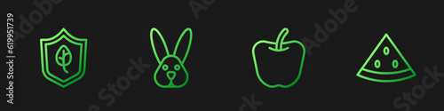 Set line Apple, Vegan food diet, Animal cruelty free and Watermelon. Gradient color icons. Vector