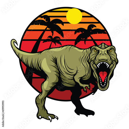 Tyrannosaurus rex against the backdrop of sunset and palm trees. Dinosaur logo. Vector graphics