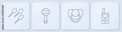 Set line Sperm, Baby dummy pacifier, Rattle baby toy and monitor walkie talkie. White square button. Vector