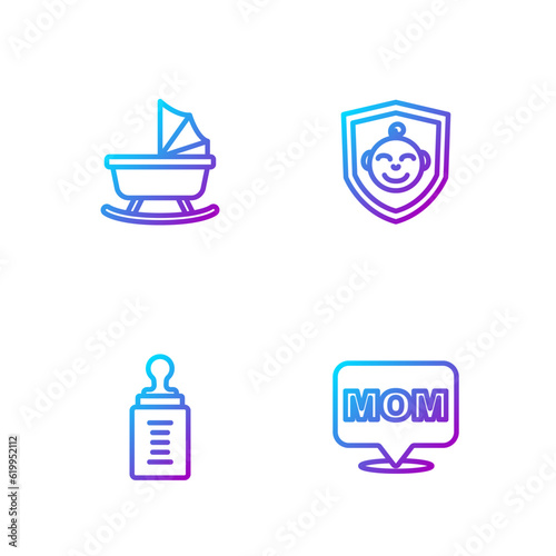 Set line Speech bubble mom, Baby bottle, stroller and on shield. Gradient color icons. Vector