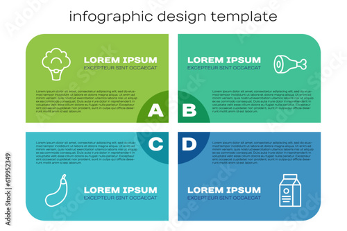 Set line Eggplant, Broccoli, aper package for milk and Chicken leg. Business infographic template. Vector