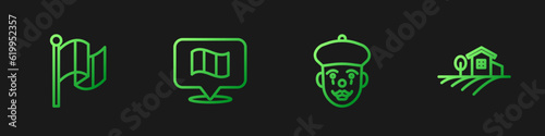 Set line French mime, Flag France, and Village landscape. Gradient color icons. Vector