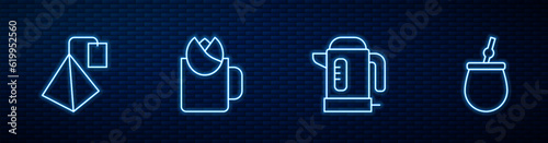 Set line Electric kettle, Tea bag, Cup of tea with rose and Mate. Glowing neon icon on brick wall. Vector