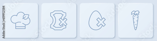 Set line Vegan food diet, No egg, leather and Carrot. White square button. Vector