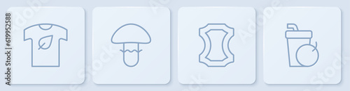 Set line Vegan shirt, Leather, Mushroom and Fresh smoothie. White square button. Vector