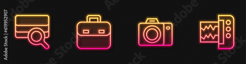 Set line Photo camera, Soil analysis, Briefcase and Seismograph. Glowing neon icon. Vector