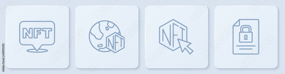 Set line NFT Digital crypto art, and Document and lock. White square button. Vector - obrazy, fototapety, plakaty 
