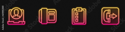 Set line Online quiz, test, survey, Telephone 24 hours support, handset and Outgoing call. Glowing neon icon. Vector
