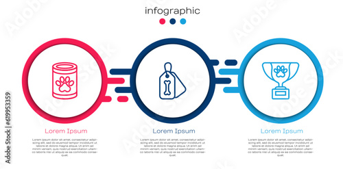 Set line Canned food, Dog collar with bone and Pet award symbol. Business infographic template. Vector