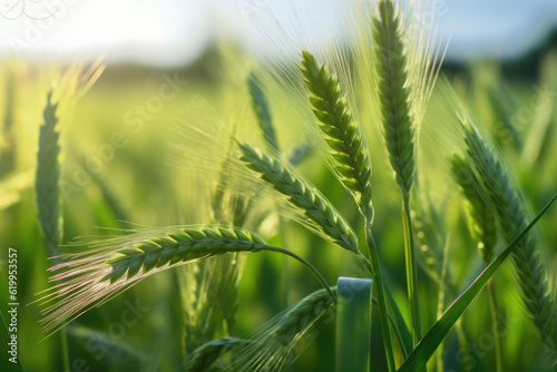 Fresh ears of young green wheat and on nature in spring summer field. Generative AI