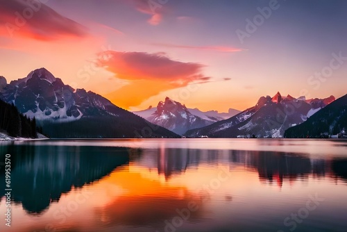 sunset over the lake generated by AI technology 
