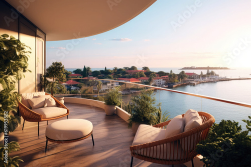 A large apartment balcony with sea view. Terrace with a beautiful view. Generative AI © barmaleeva