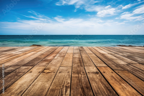 Wooden texture with blue sea and bright sky in summer background. Generative AI