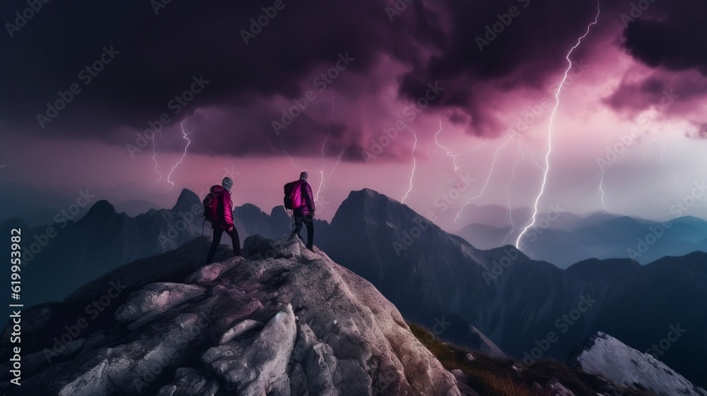 AI Generated collection of  photorealistic hikers battling magenta golden lightening thunderstorm on the top of a great magical mountain surrounding by amazing space galaxy background,photorealistic