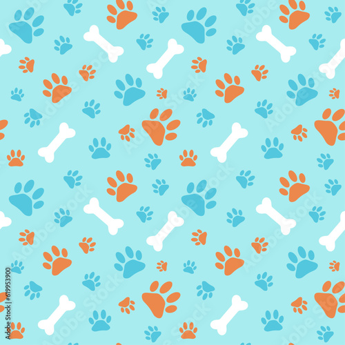 Seamless pattern for pet shop with blue background. Bright print for clothes or accessories for dogs with paw and bone vector