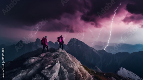 AI Generated collection of photorealistic hikers battling magenta golden lightening thunderstorm on the top of a great magical mountain surrounding by amazing space galaxy background,photorealistic