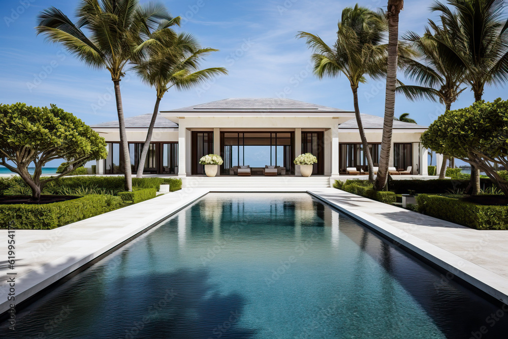 Generative AI image of picturesque view of cultural activities center with spacious halls reflecting in front water with green palm trees in daylight Generative AI image of picturesque view of cultural activities center with spacious halls reflecting in front water with green palm trees in daylight