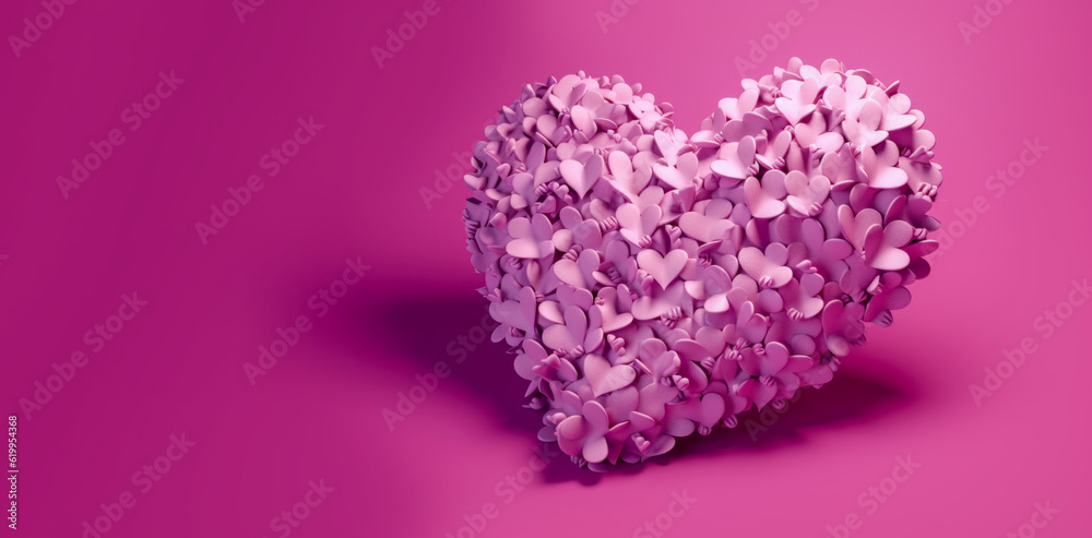 Banner with Valentines Day heart made of pink small hearts closeup isolated on pink background. Generated by AI