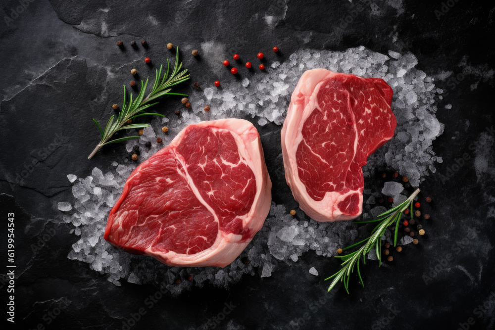 large steaks placed on top of ice, accompanied by rosemary, green onions, and sage. freshness and appetizing nature. Juicy and succulent adorned with aromatic herbs look inviting and mouthwatering.