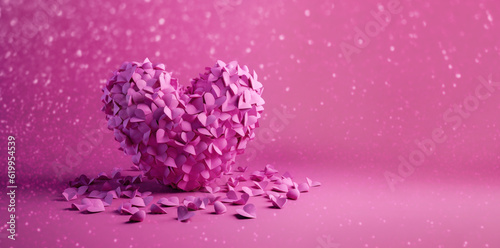 Banner with Valentines Day heart made of pink small hearts closeup isolated on pink background. Generated by AI