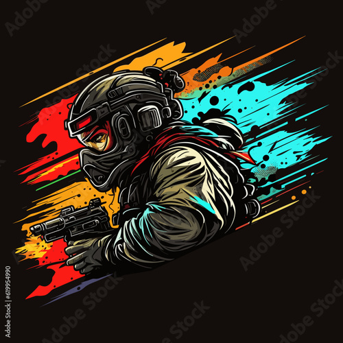 Soldier with an automatic weapon and helmet. Airsoft player ready to shoot. Cartoon vector illustration.
