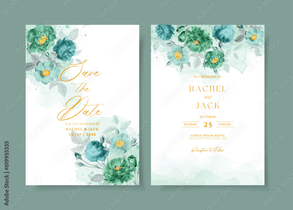 Beautiful watercolor wedding invitation with floral and leaves decoration