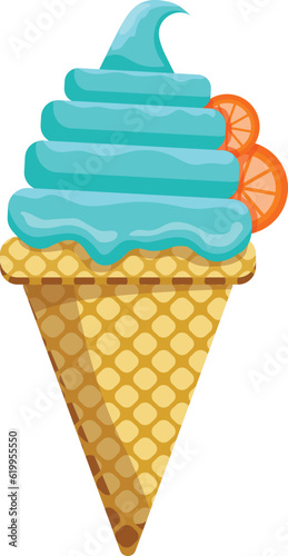 Vector illustration delicious colorful ice cream waffle cone. Icecream blueberry scoops orange topping waffle cone. on white background. Idea for poster, product, t-shirt. Vector icon ice cream cone.