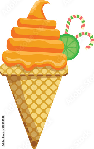 Vector illustration delicious colorful ice cream waffle cone. Icecream orange lemon strawberry scoops waffle cone. on white background. Idea for poster, product, t-shirt. Vector icon ice cream cone.