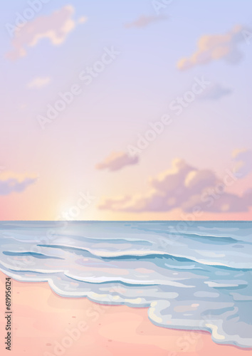Hand drawn vector landscape background. Beautiful illustration of summer beach, sea and sky. Summer holidays poster or banner design template