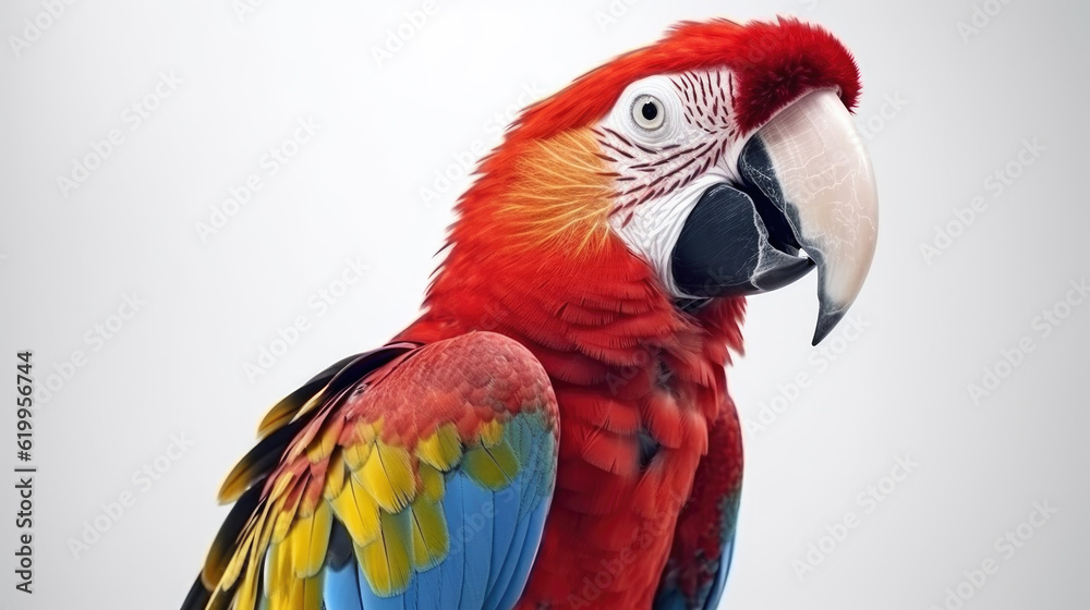 A beautiful bird Greenwinged Macaw isolate on white background. Red parrot portrait. Generative AI