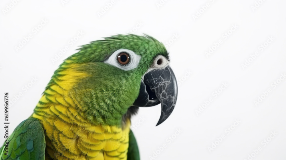 Obraz premium Green parrot portrait on white background. Generative AI