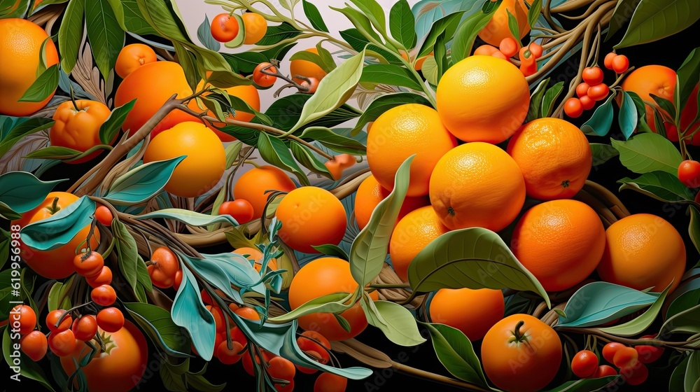 a horizontal format of Oranges with leaves in Food-themed, photorealistic illustrations in JPG.  Generative ai